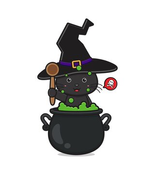 Cute black cat witch make a poison cartoon icon illustration