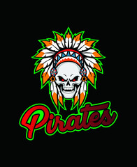 Fototapeta premium Pirate skull in Indian Headdress with feathers, vector illustration 