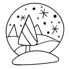 Vector image of a winter glass ball with fir trees and snow inside. The silhouette is a black outline. Design of posters, postcards, stickers, logos.
