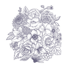 vector drawing vintage composition with flowers, hand drawn illustration