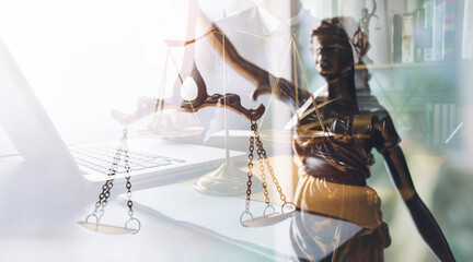 Business and lawyers discussing contract papers with brass scale on desk in office. Law, legal...