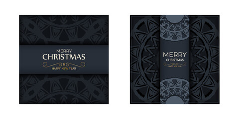 Brochure template Merry Christmas and Happy New Year in dark blue color with vintage blue ornament
