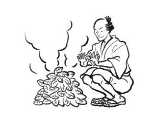 日本画タッチの落ち葉焚きをする人物イラストJapanese painting illustration The person has a bonfire	
