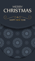 Festive Flyer Happy New Year in dark blue color with vintage blue ornament