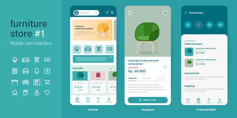 Mobile app user interface UI kit UX of furniture shop online store e-commerce website layout smartphone mockup in vector - obrazy, fototapety, plakaty