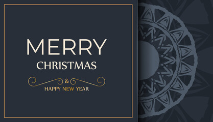 Postcard Template Merry Christmas and Happy New Year in dark blue color with abstract blue pattern