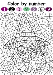 Happy Halloween color by number with wizard vector illustration. Sorcerer with a beard and witch hat coloring page for kids with numbers. Seasonal activity page with funny cartoon witch