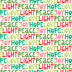 Colorful Winter Holidays Christmas Hand-Drawn Letteing Vector Seamless Pattern. Words Peace, Joy Love, Light, Hope. Sans Serif Minimal Scandi Cutout Background. Linocut Backdrop