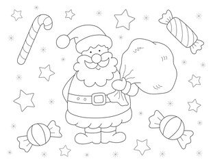 christmas coloring page for kids, cute santa claus holding a bag with gifts, candies, and stars. black and white illustration that you can print on standard 8.5x11 inch paper