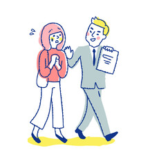 キャッチセールスをするセールスマンと困っている若い女性