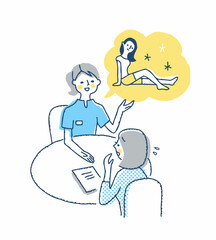 エステサロンで説明するエステティシャンと困っている女性客