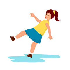 Girl child slip fall on wet floor in flat design on white background. Caution wet floor.