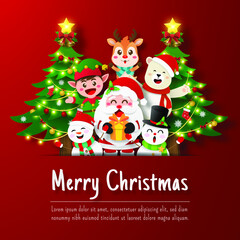 Fototapeta na wymiar Christmas postcard of Santa Claus and friends with Christmas tree