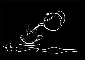 Line art of cup of coffee ,tea and pot of coffee. Isolate on white background. Copy space for your text.