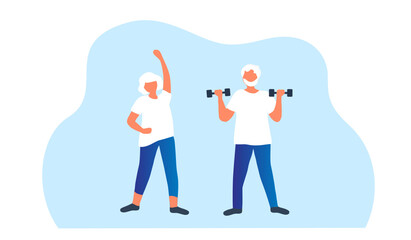 Senior couple workout vector illustration.  Healthy life for elderly people concept