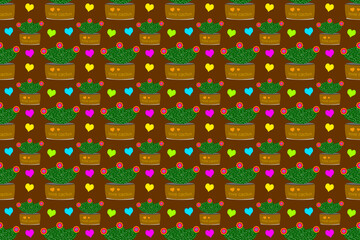 Seamless wallpaper with green cactus pattern with cartoon-style potted flowers on a brown background, for cute and fashionable fabric prints, gift wrap and product designs.