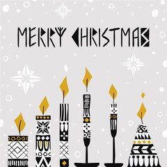 Candles and Merry Christmas text in folk scandinavian style. Good as greeting card, social network template. Also can be used as isolated design elements. © Виктория Шапкина