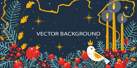 Dark blue christmas background with candles and bird in vintage colors. Perfect as greeting card or festive advertisment template.