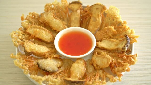 deep fried Enoki mushroom and King Oyster mushroom with spicy dipping sauce - vegan food style