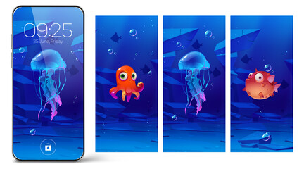 Smartphone lock screens with underwater animals, cartoon onboard pages for mobile phone. Digital wallpaper for device with cute puffer fish, jellyfish and octopus, user interface design collection © klyaksun