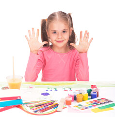 Naklejka na ściany i meble The child, a little girl draws paints isolated on white background