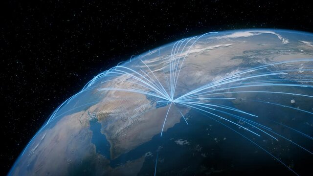 Earth in Space. Blue Lines connect Dubai, UAE with Cities across the World. Global Travel or Business Concept.