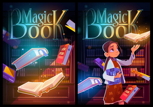 Magic book cartoon posters, young girl in night library or reader club with glowing volumes and sparkles flying around. Curious child reading in dark room with shelves or bookcases Vector illustration