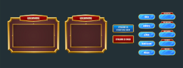 Stream overlay, game twitch frame. Streaming screen, username panels, menu and buttons. Overlay template for online live video, digital user interface, Cartoon vector illustration, isolated set © klyaksun
