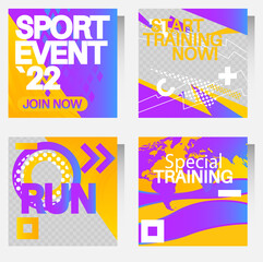 Obraz premium Purple and yellow sport social media banner templates with unique style. Business brochure collection. Leaflet, flyer, book cover, presentation, card template set for marketing.
