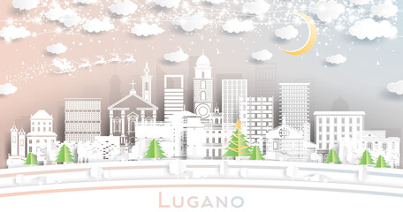 Lugano Switzerland City Skyline in Paper Cut Style with Snowflakes, Moon and Neon Garland.