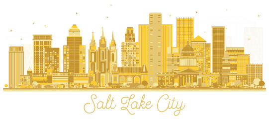 Salt Lake City Utah City Skyline with Golden Buildings Isolated on White.