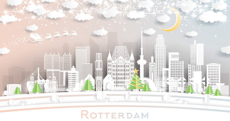 Rotterdam Netherlands City Skyline in Paper Cut Style with Snowflakes, Moon and Neon Garland.