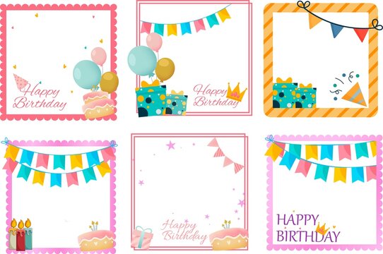 Happy birthday photo frame design with gifts, balloons, and other party elements. Birthday wish frame design with cakes and party banner. Collection of birthday photo frames.