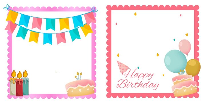 Birthday wish frame design with cakes and party banner. Happy birthday photo frame design with gifts, balloons, and other party elements. Collection of birthday photo frames vector.
