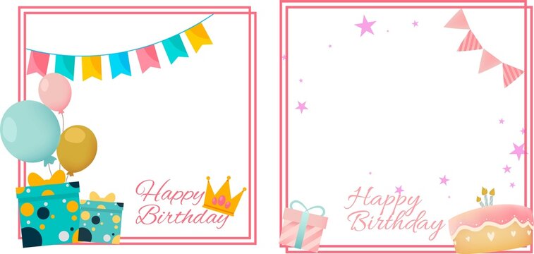 Happy birthday wish frame design with cakes and party banner. Happy birthday photo frame design with party elements. Collection of birthday photo frames vector.