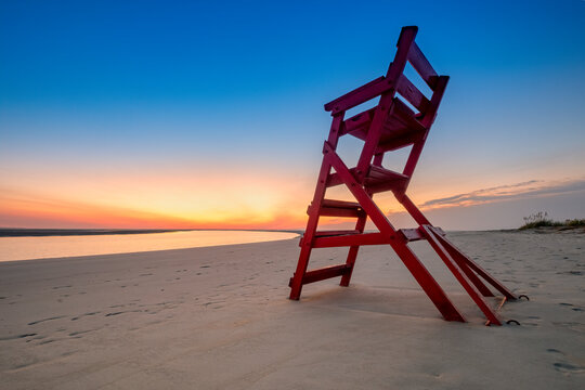 Lifeguard Chair, Sunrise at Gould's Inlet Beach, St Simons Island, GA - Powered by Adobe