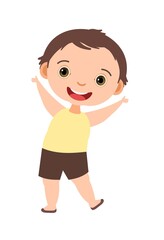 Child funny. Little boy. In yellow clothes. Kid jumps for joy. Charming active cute character. Cute kid. Face wobble smile. Cartoon style. Isolated on white background. Vector