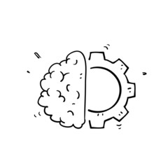 hand drawn doodle brain and gear cog illustration vector isolated
