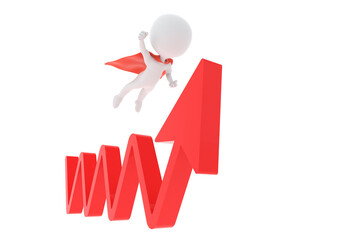 ジグザクの矢印と上昇飛行するヒーローの3Dイラスト