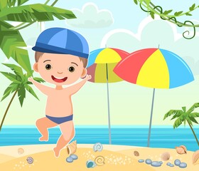 Obraz na płótnie Canvas Child beach. Sandy seashore. Sea landscape. Tropical palms. Cheerful jump boy. Sun umbrella. Cartoon style. Vector.