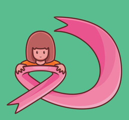 breast cancer girl hug a pink tape. cartoon woman cancer concept Isolated illustration. Flat Style suitable for Sticker Icon Design Premium Logo vector