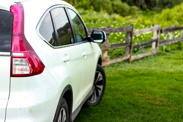 Close up backside of dirty car. rear view of white car on green grass background in country house