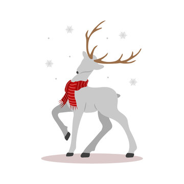 Christmas reindeer in scarf. Cute deer with antlers. Winter design element. Vector illustration in flat cartoon style.