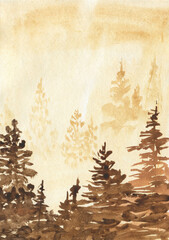watercolor background of silhouettes of fir trees in the fog