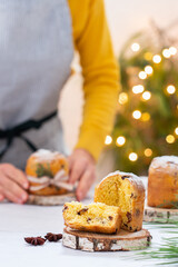 Traditional Italian Christmas cake Panettone with festive decorations 