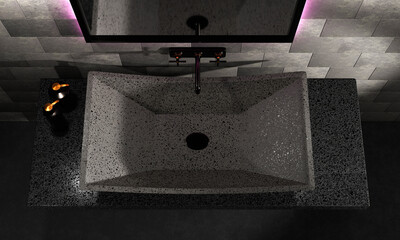 Stylish sink in black granite or marble in the interior of the bathroom. Stone washbasin. 3d illustration