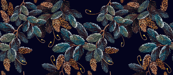 Winter art. Classical embroidery snow-covered branch of a fir-tree. Christmas art pattern. Clothes, textile design template