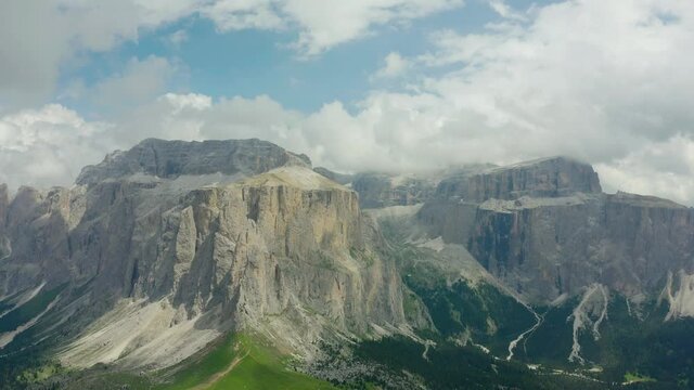 Majestic mountain range in Dolomites, South Tyrol, Italy, Aerial pan