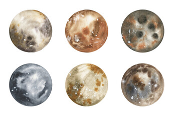 Watercolor illustrations of fantastic planets, planet satellites, moons, space objects