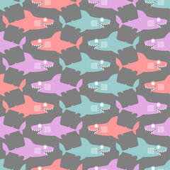Shark cartoon pattern seamless. Sea predator background. Big fish monster texture. Baby fabric ornament